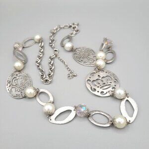 Womens Long Statement Necklace Imitation Pearls AB Beads Silver Tone Metal